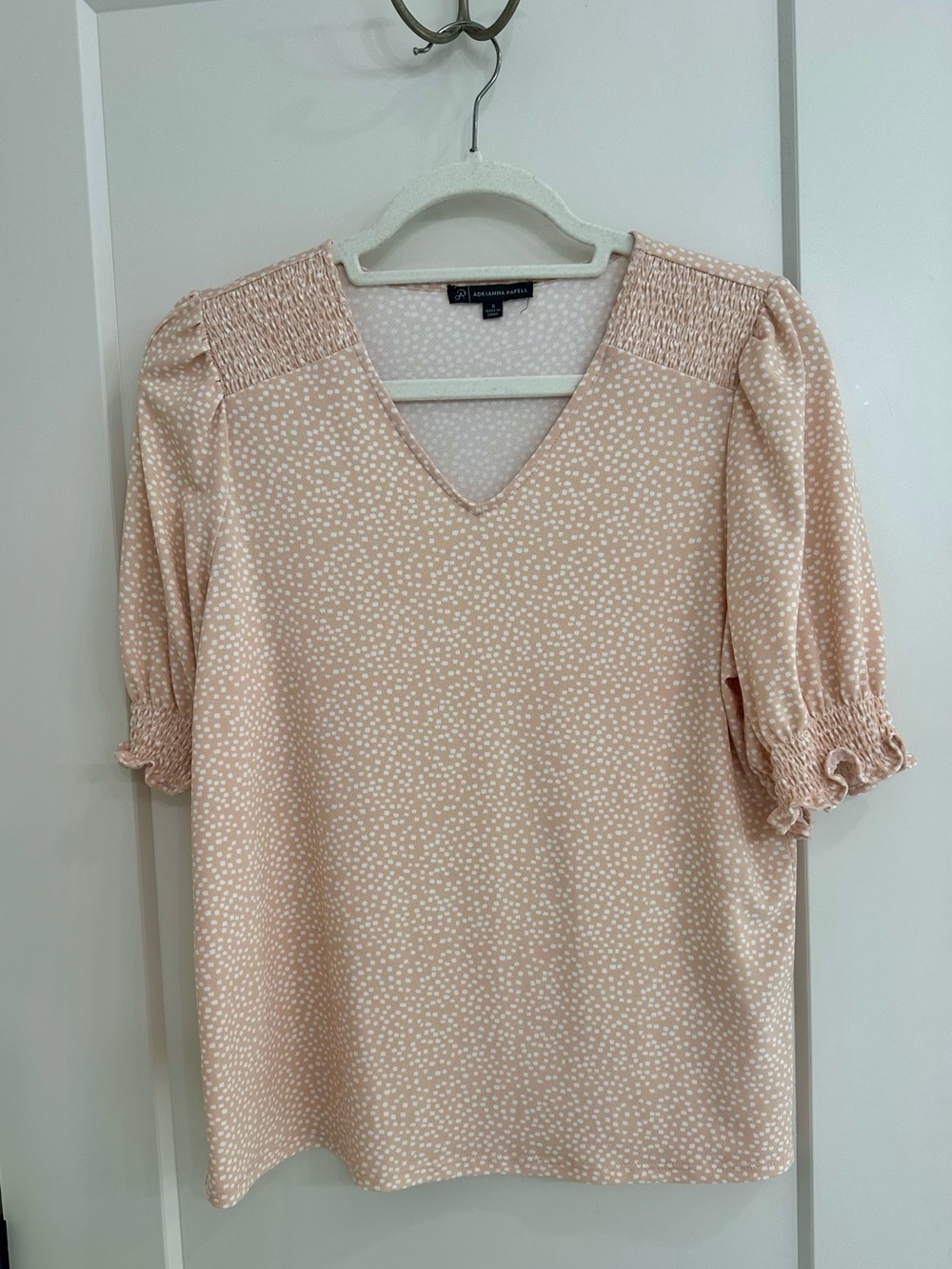 Adrianna Papell peach V-Neck Smocked Sleeve Dot Top